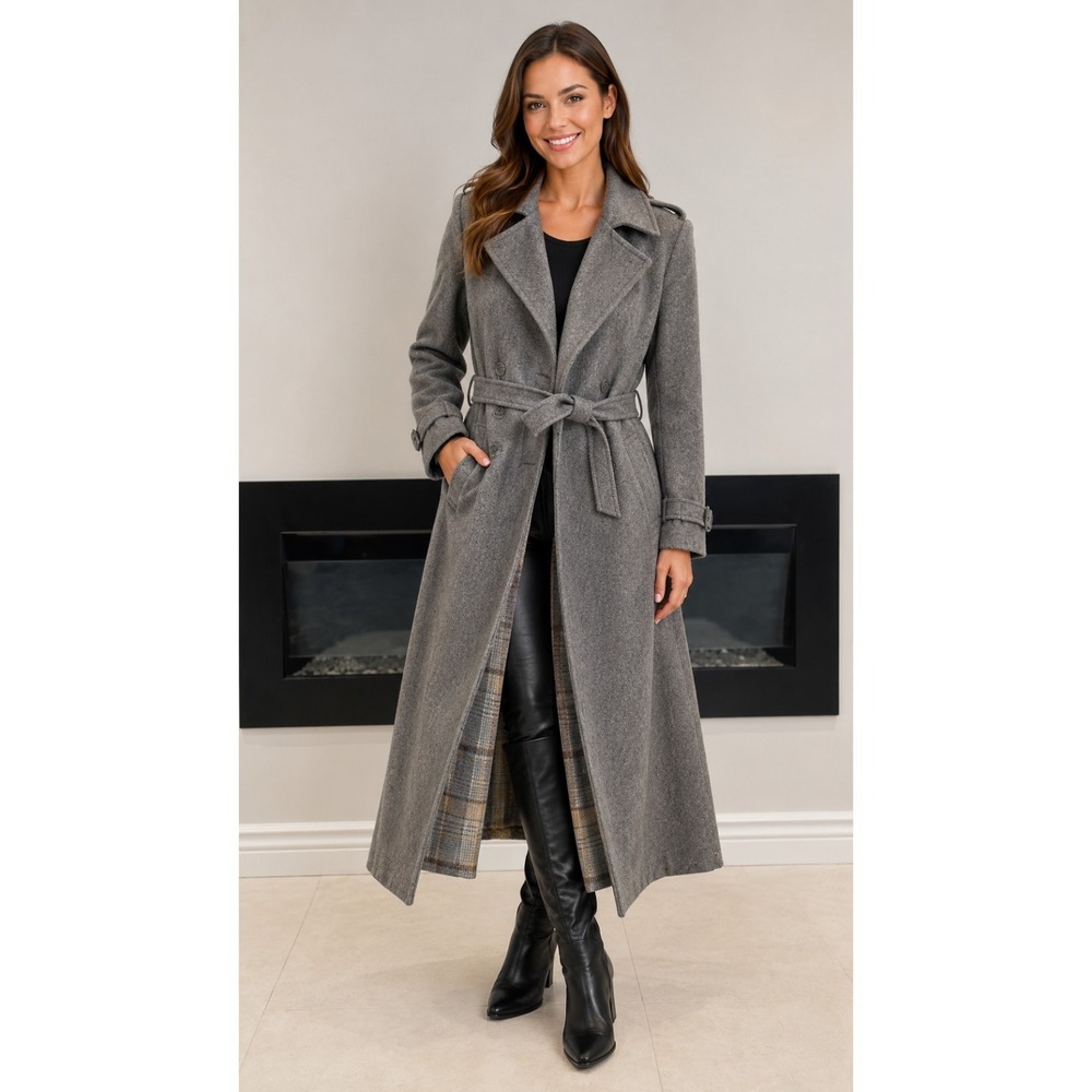 VTG Junior Gallery 100% Wool Gray Trench Coat Belted Uruguay Old Money Preppy M